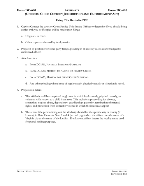 Instructions for Form DC-620 Affidavit - Virginia