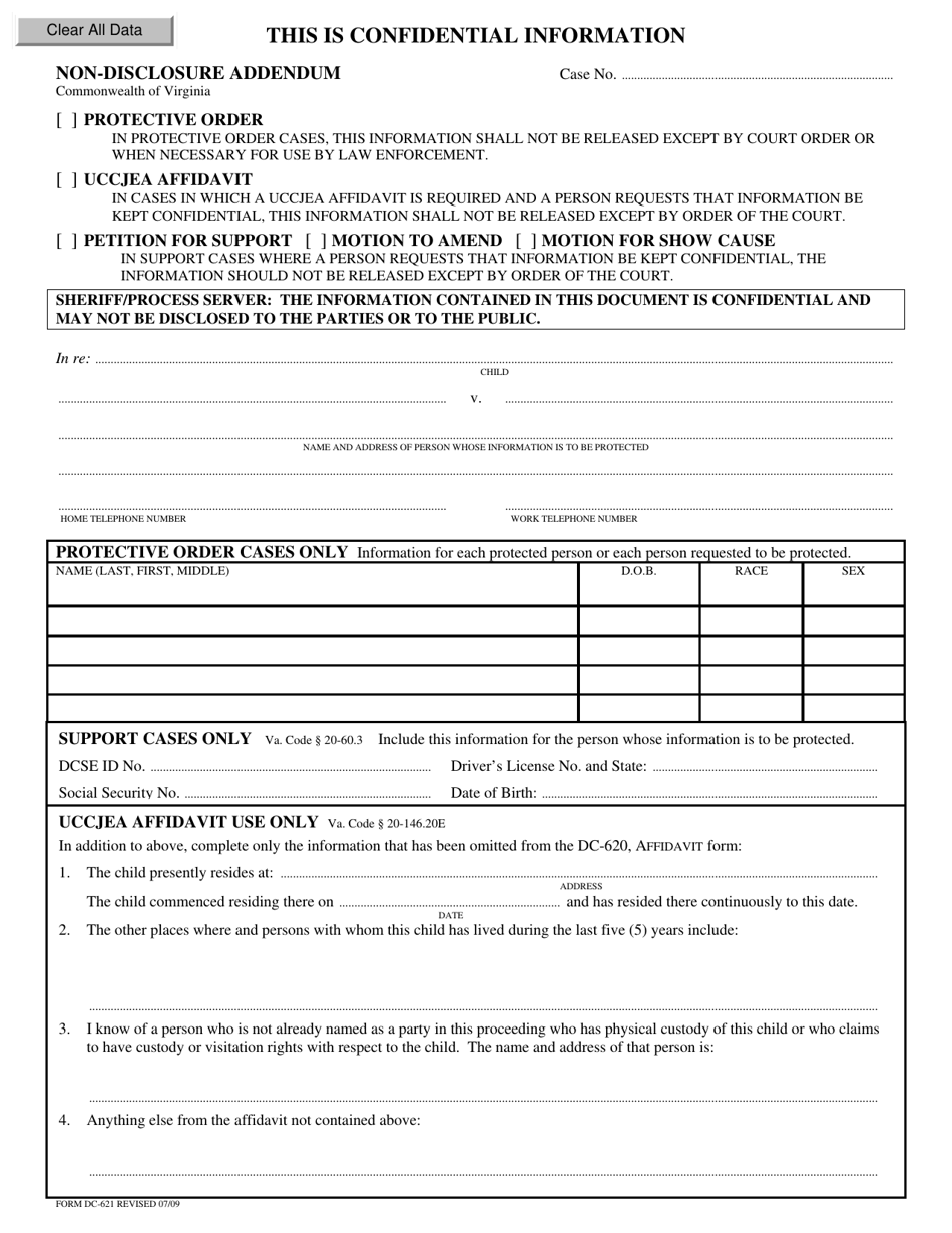 Form DC-621 Non-disclosure Addendum - Virginia, Page 1