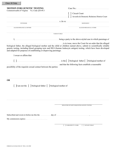 Form DC-623 Motion for Genetic Testing - Virginia