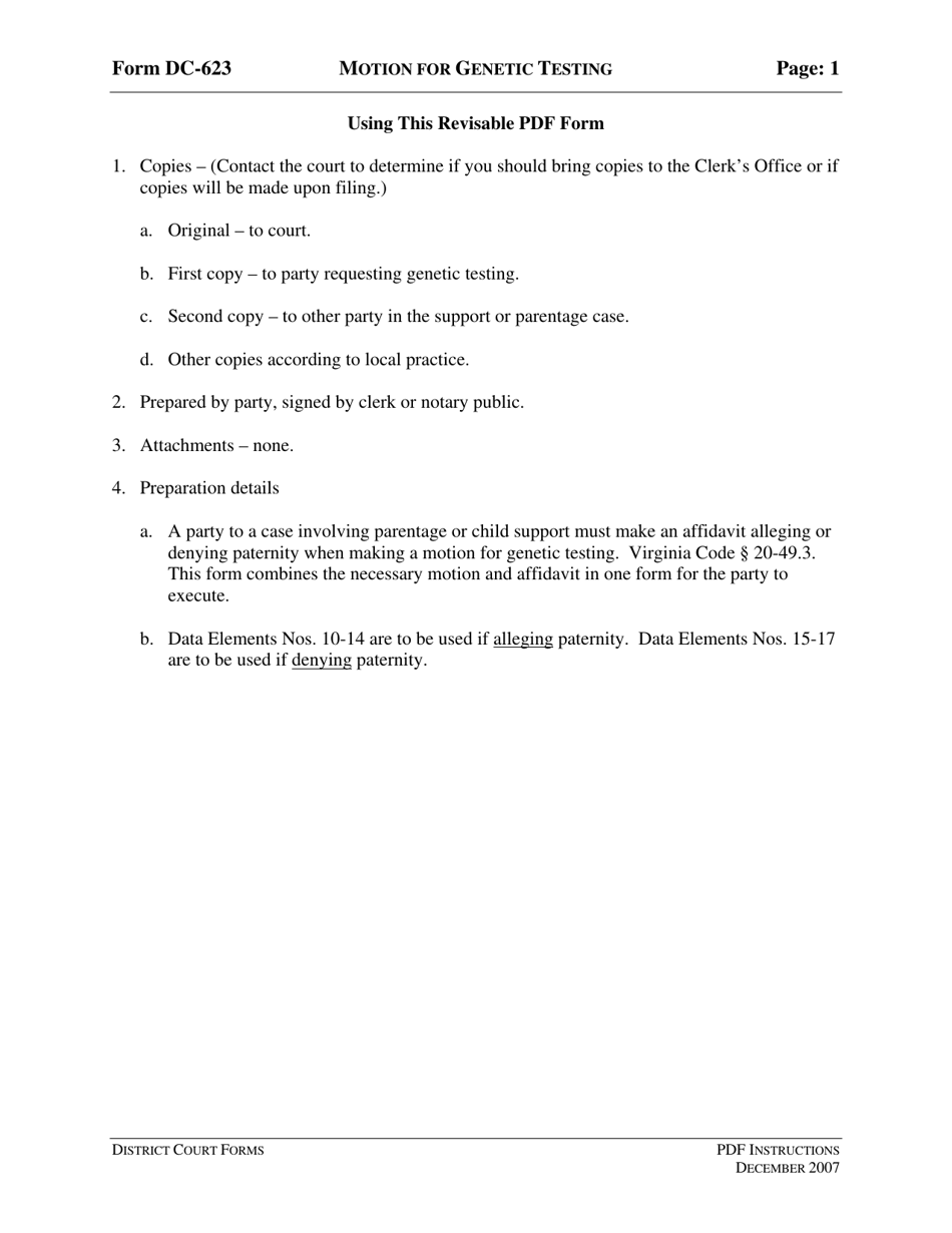 Instructions for Form DC-623 Motion for Genetic Testing - Virginia, Page 1
