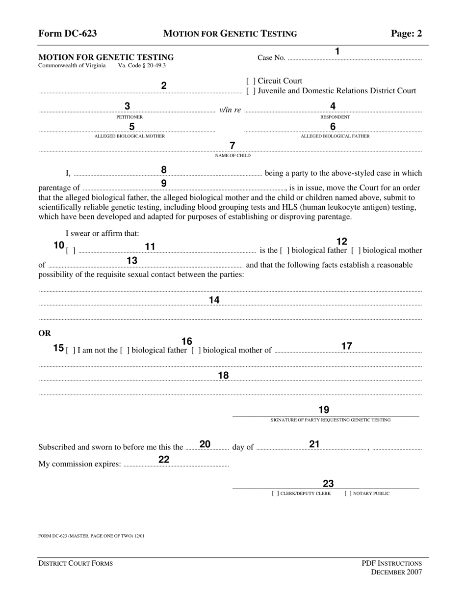 Instructions for Form DC-623 Motion for Genetic Testing - Virginia, Page 2