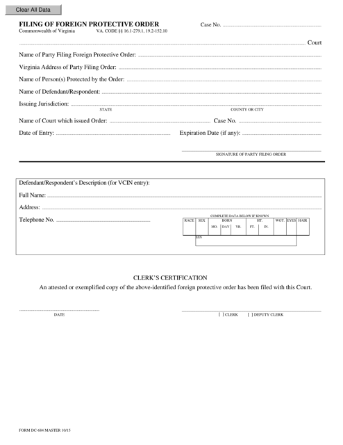 Form DC-684 Filing of Foreign Protective Order - Virginia