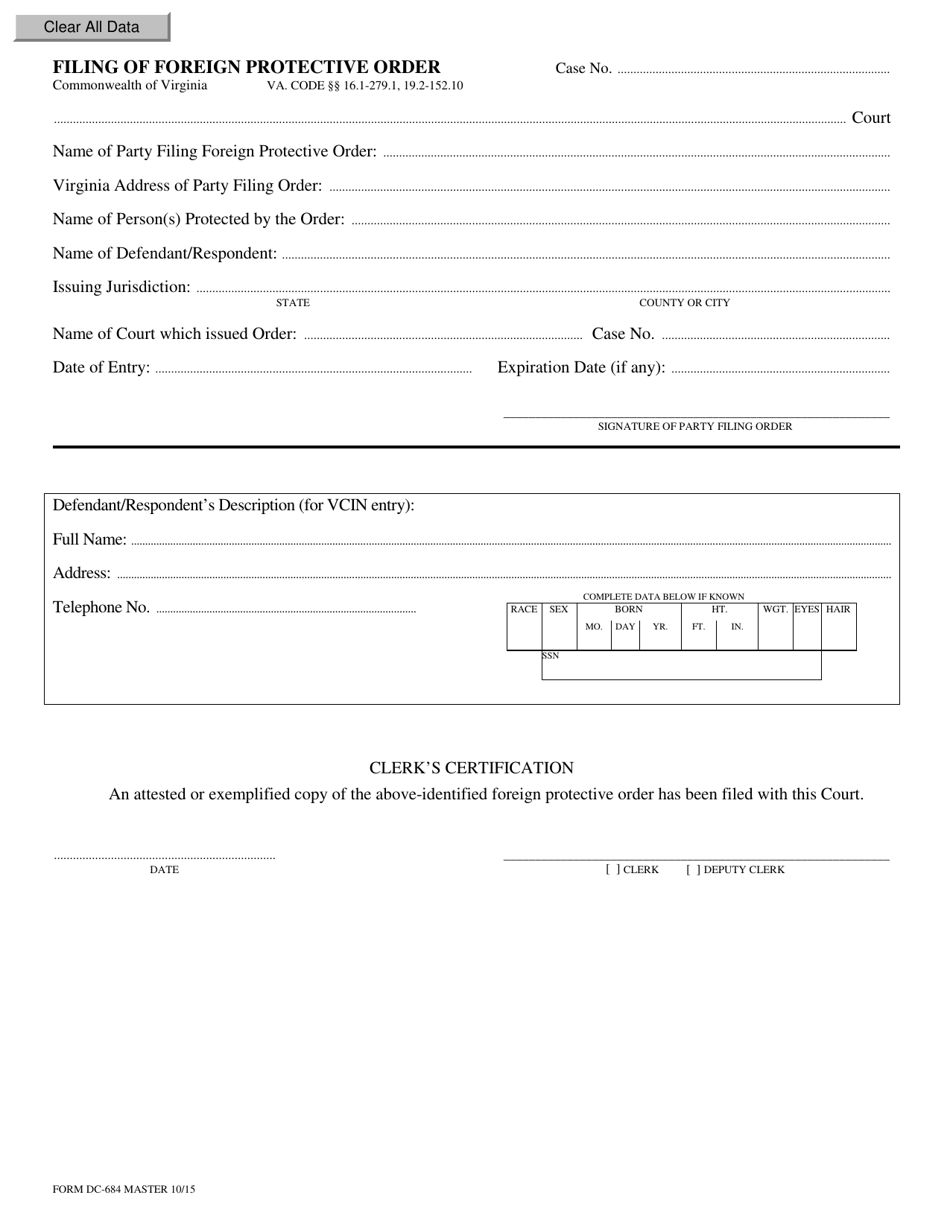 Form DC-684 Filing of Foreign Protective Order - Virginia, Page 1