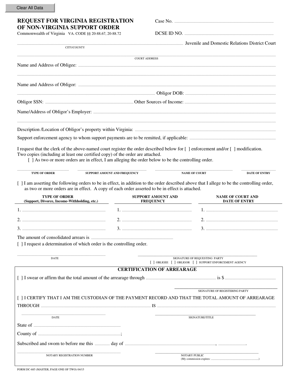 Form Dc 685 Fill Out Sign Online And Download Fillable Pdf Virginia Templateroller 4186