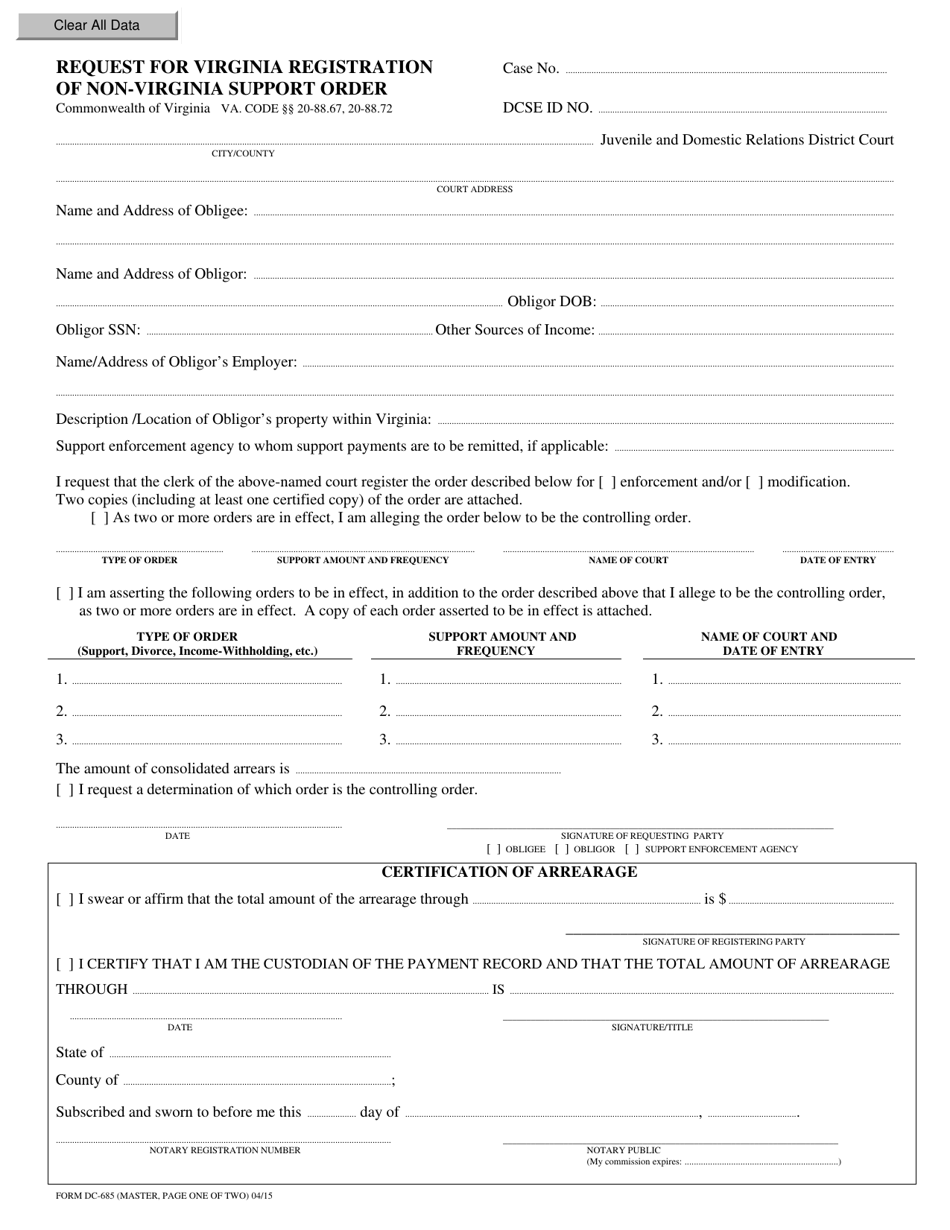 Form DC-685 Request for Virginia Registration of Non-virginia Support Order - Virginia, Page 1