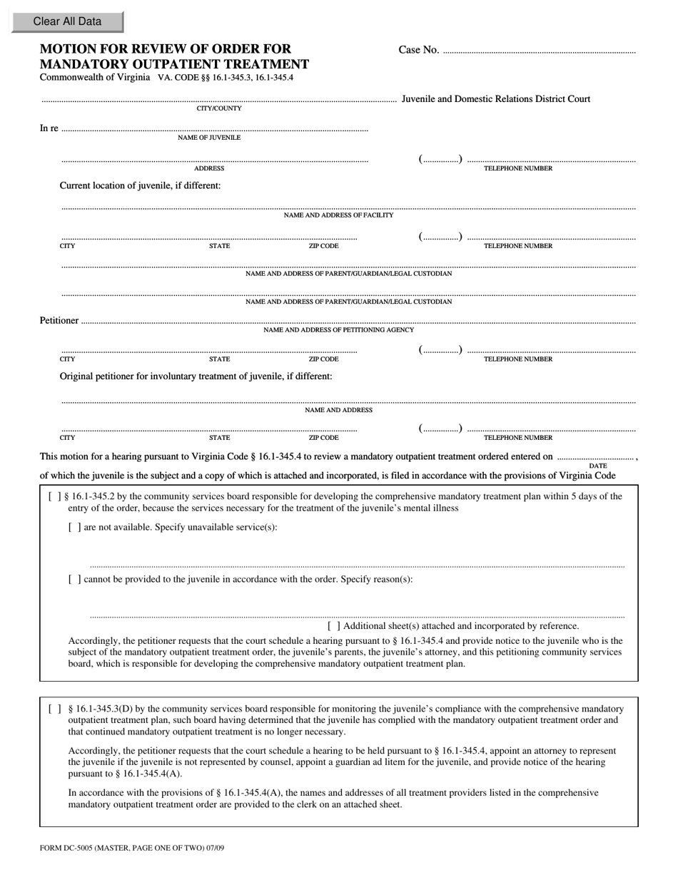 Form DC-5005 Motion for Review of Order for Mandatory Outpatient Treatment - Virginia, Page 1