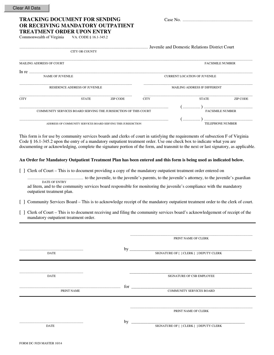 Form DC-5020 Tracking Document for Sending or Receiving Mandatory Outpatient Treatment Order Upon Entry - Virginia, Page 1