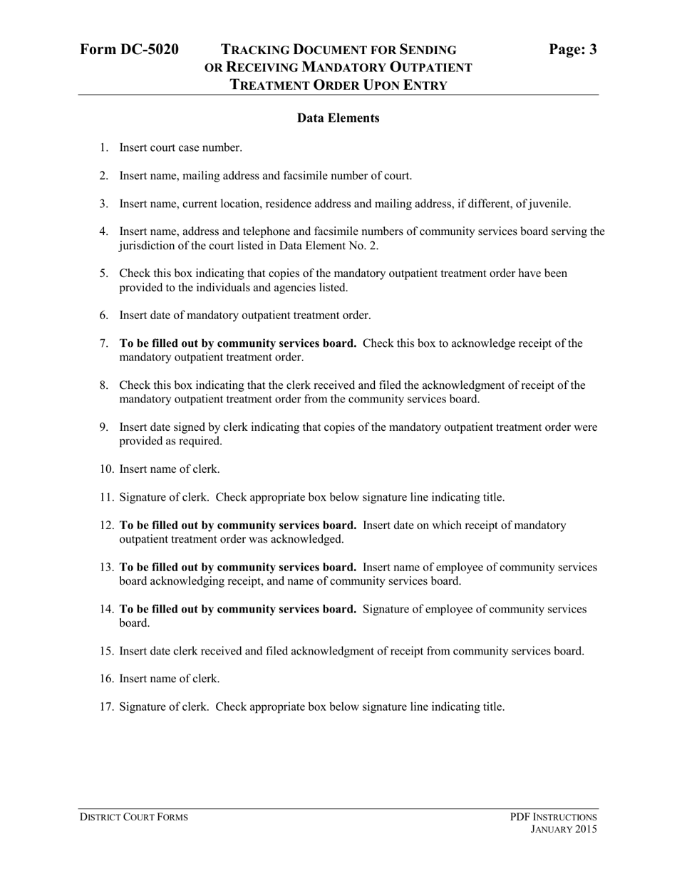 Instructions for Form DC-5020 Tracking Document for Sending or Receiving Mandatory Outpatient Treatment Order Upon Entry - Virginia, Page 3