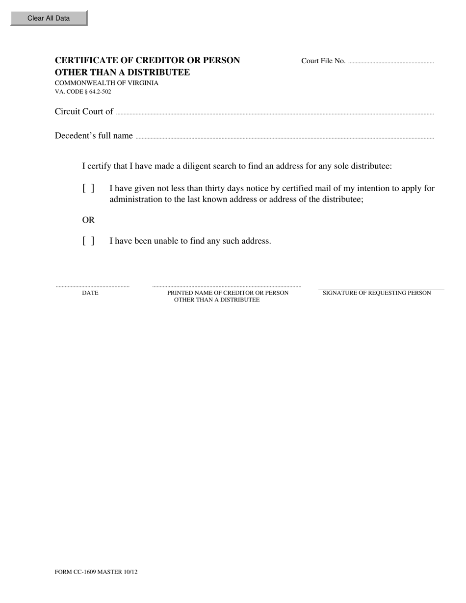 Form CC-1609 Certificate of Creditor or Person Other Than a Distributee - Virginia, Page 1