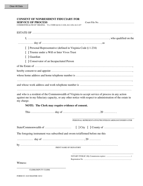 Form CC-1610 Consent of Nonresident Fiduciary for Service of Process - Virginia