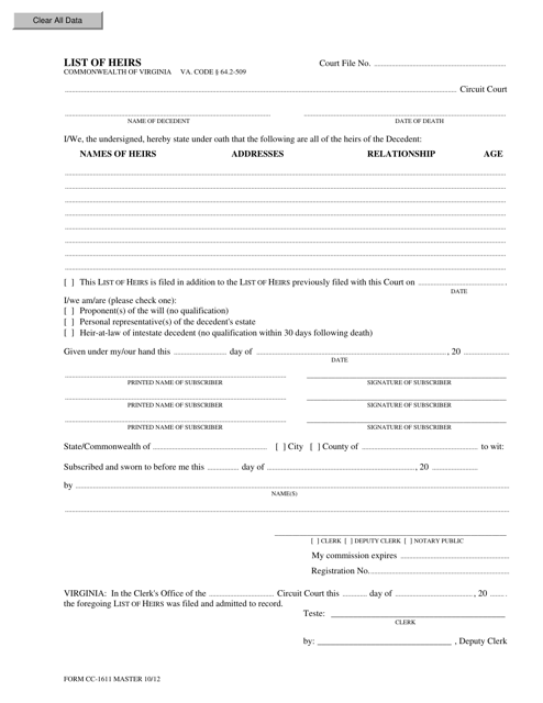Form CC-1611 List of Heirs - Virginia