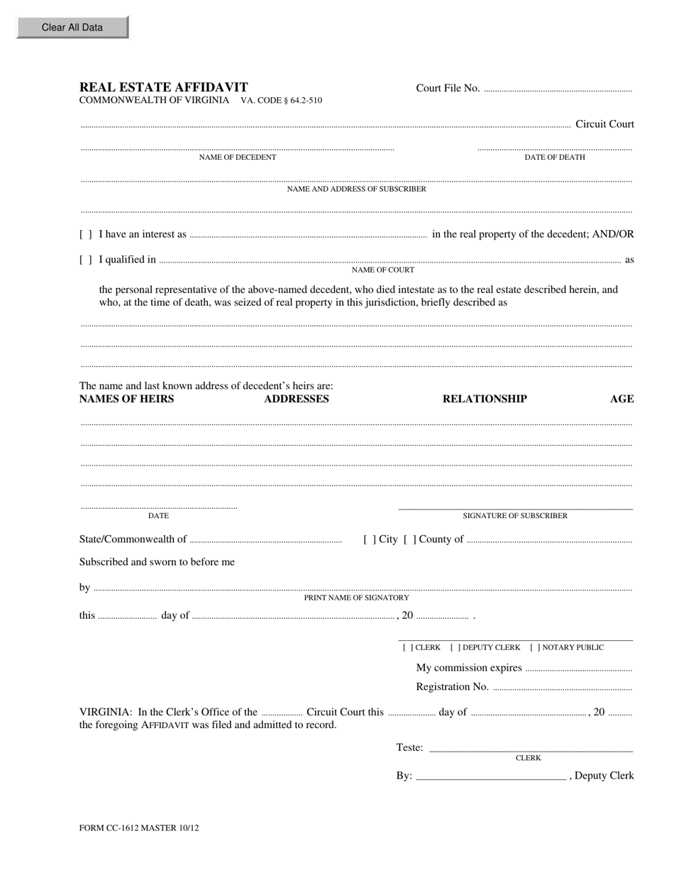Form CC-1612 Real Estate Affidavit - Virginia, Page 1