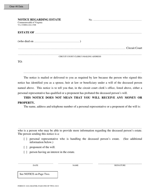 Form CC-1616 Notice Regarding Estate - Virginia