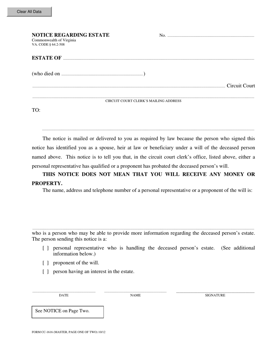 Form CC-1616 Notice Regarding Estate - Virginia, Page 1