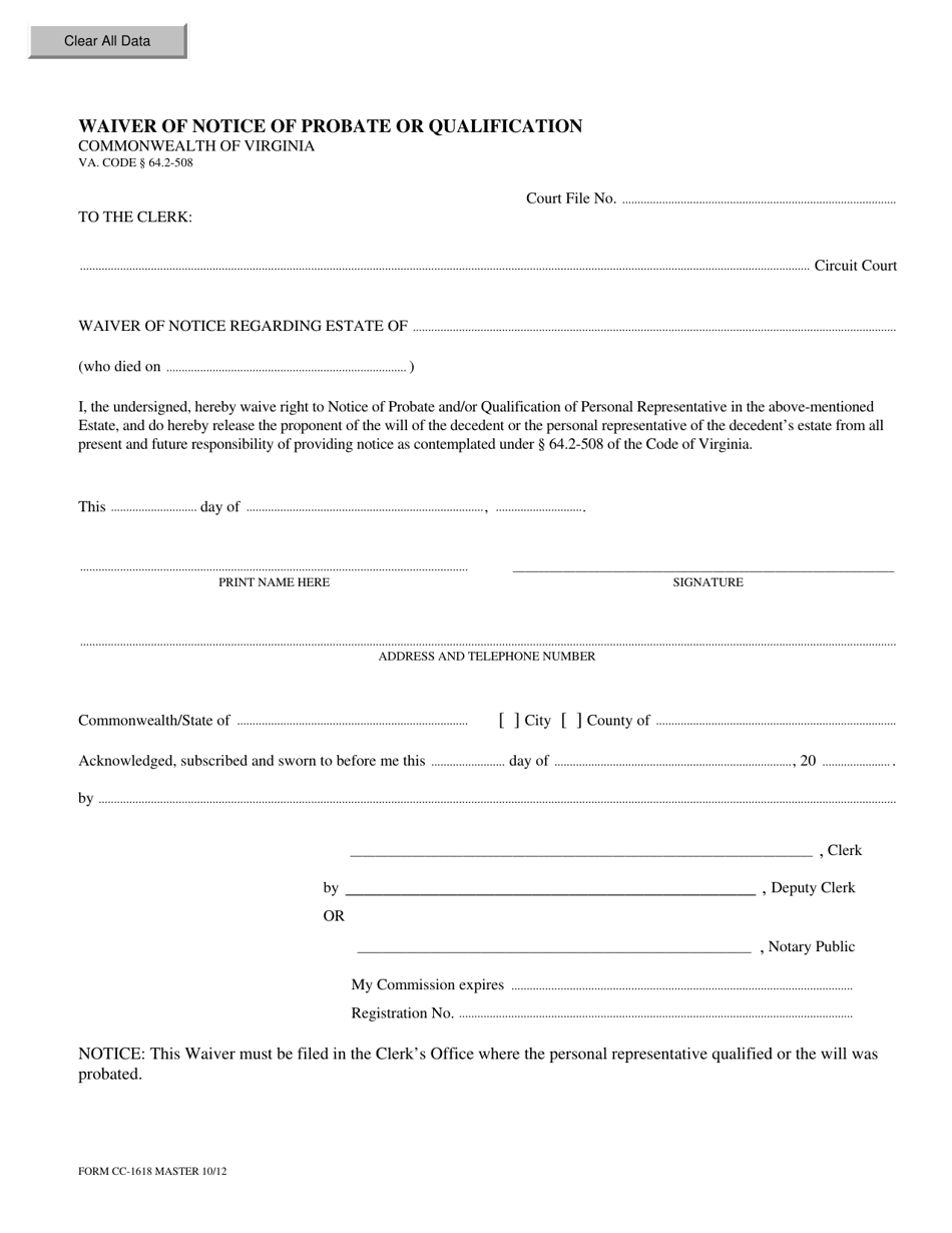 Form CC-1618 Waiver of Notice of Probate or Qualification - Virginia, Page 1