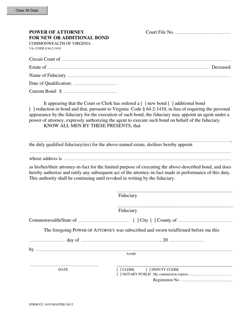 Form CC-1619 Power of Attorney for New or Additional Bond - Virginia