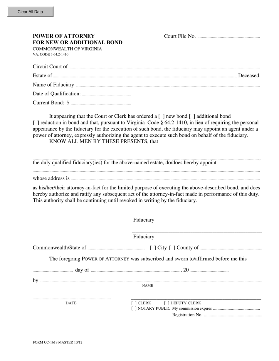 Form CC-1619 Power of Attorney for New or Additional Bond - Virginia, Page 1