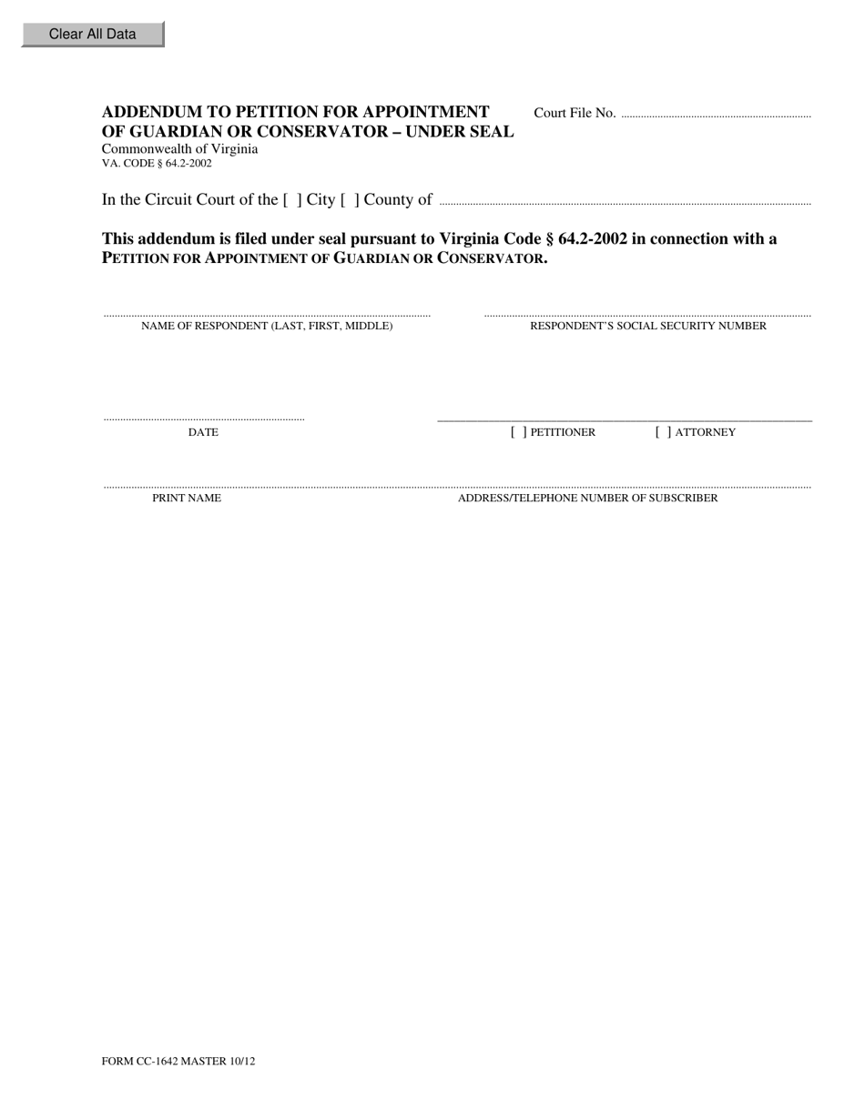 Form CC-1642 Addendum to Petition for Appointment of Guardian or Conservator - Under Seal - Virginia, Page 1