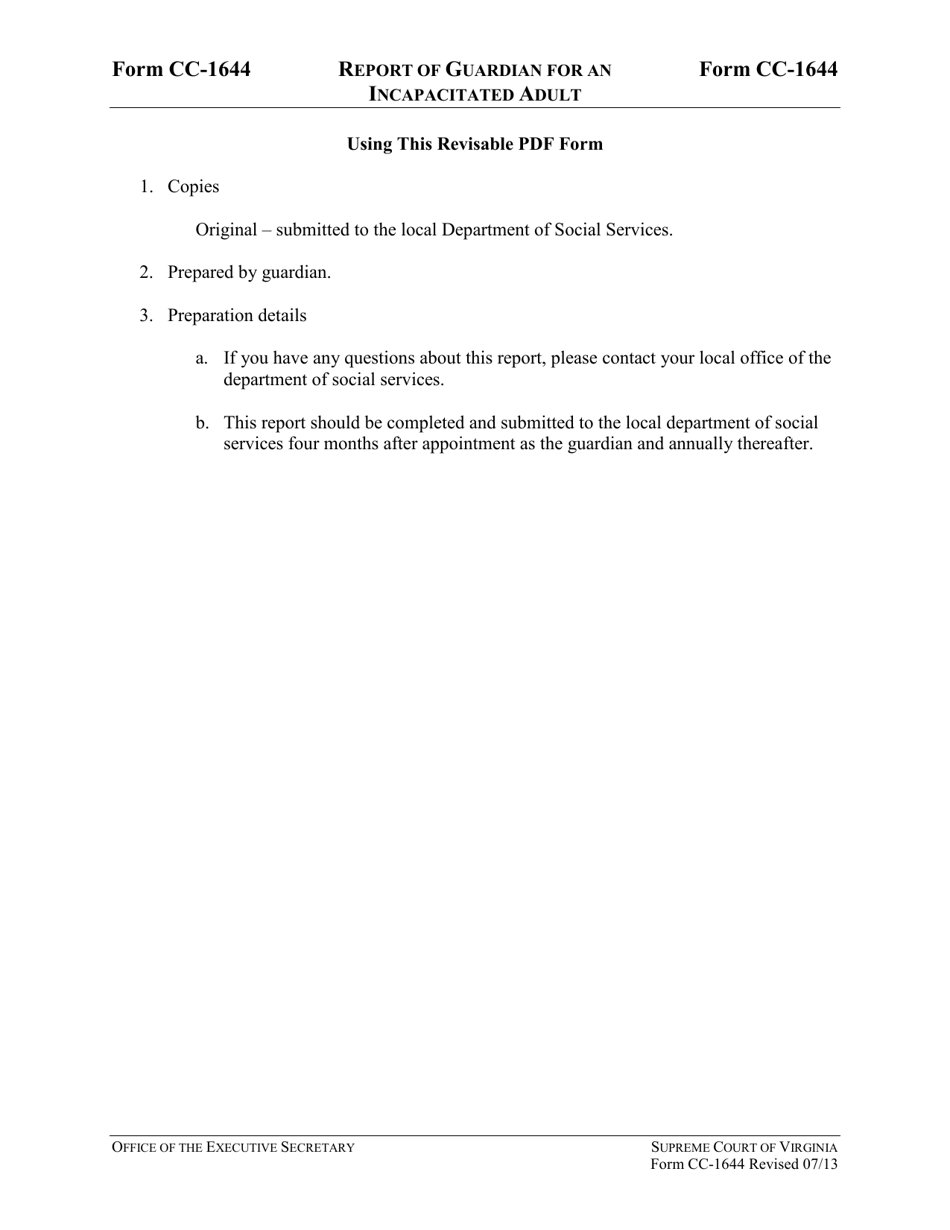 Instructions for Form CC-1644 Report of Guardian for an Incapacitated Person - Virginia, Page 1