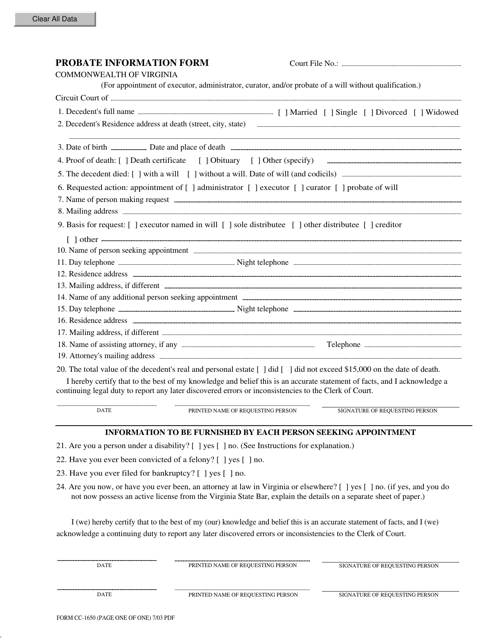 Form CC-1650 Probate Information Form - Virginia
