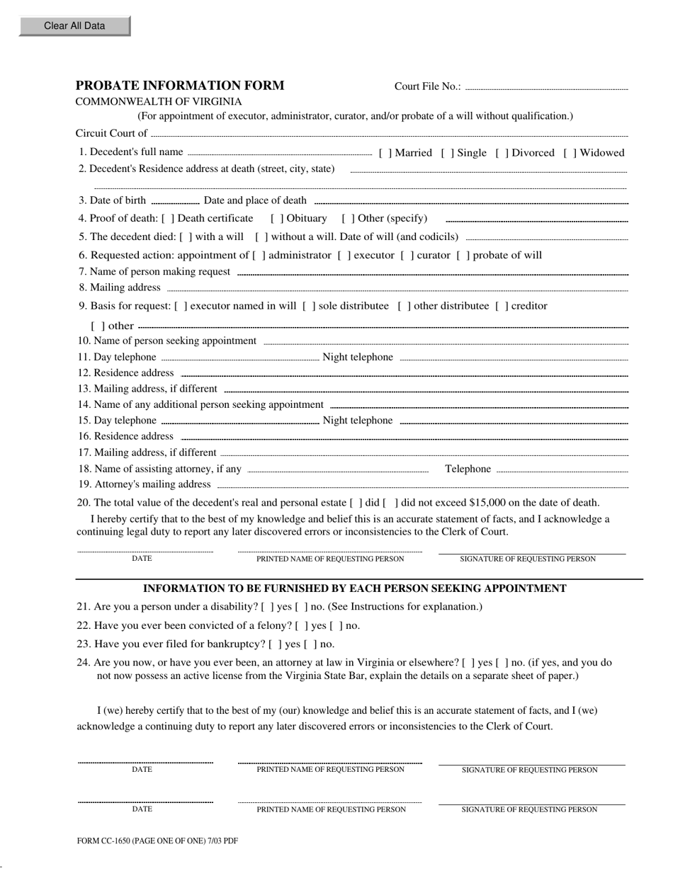 Form CC-1650 Probate Information Form - Virginia, Page 1