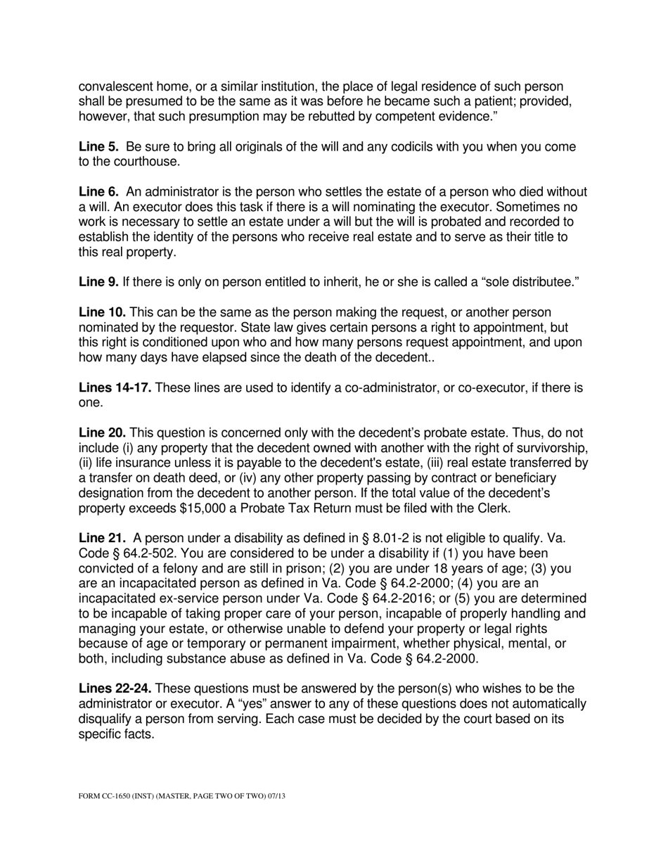 Instructions for Form CC-1650 Probate Information Form - Virginia, Page 2