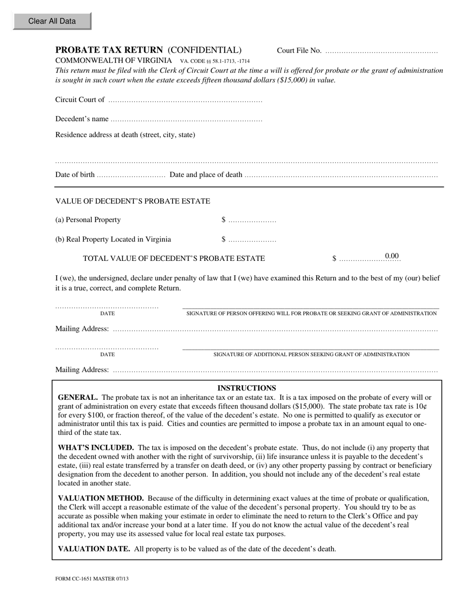 Form CC-1651 Probate Tax Return - Virginia, Page 1