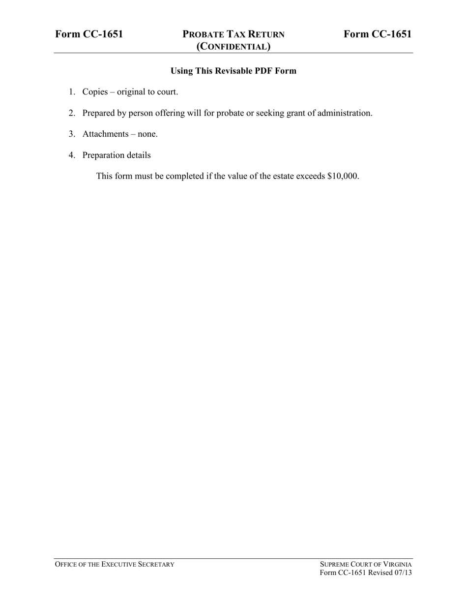Instructions for Form CC-1651 Probate Tax Return - Virginia, Page 1