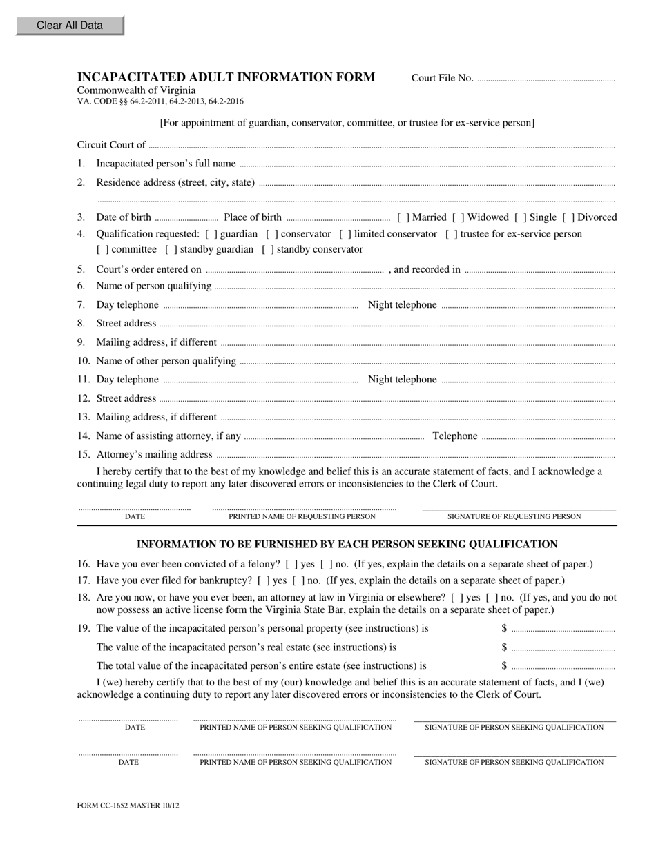 Form Cc 1652 Fill Out Sign Online And Download Fillable Pdf Virginia Templateroller 7127