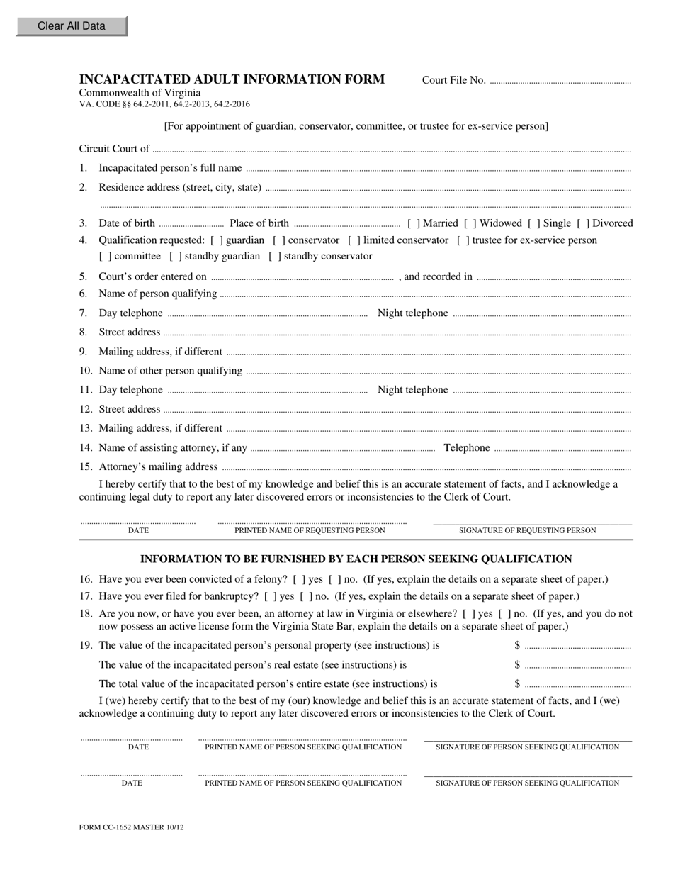 Form CC-1652 Incapacitated Adult Information Form - Virginia, Page 1