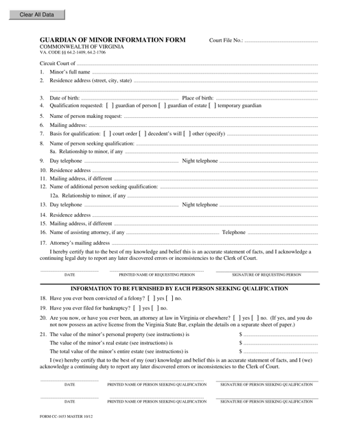 Form CC-1653 Guardian of Minor Information Form - Virginia