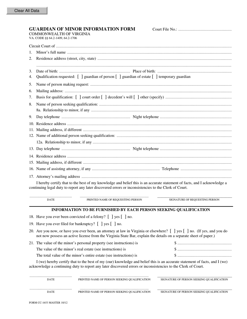 Form CC-1653 Guardian of Minor Information Form - Virginia, Page 1
