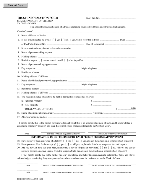 Form CC-1654 Trust Information Form - Virginia