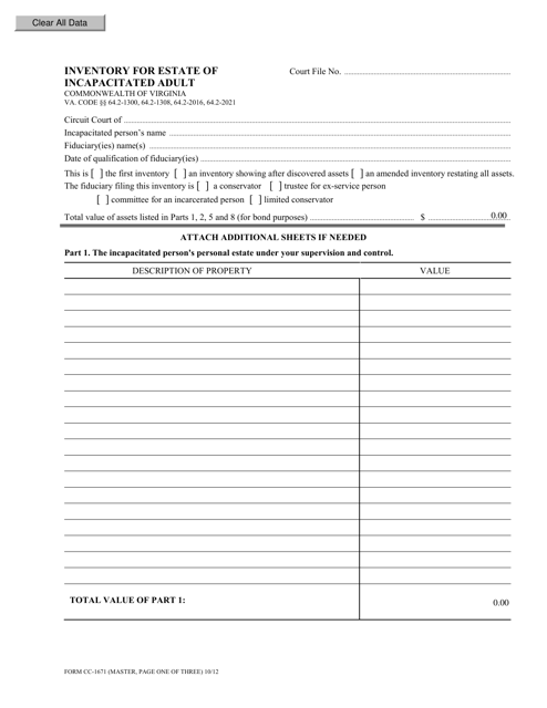 Form CC-1671 Inventory for Estate of Incapacitated Adult - Virginia