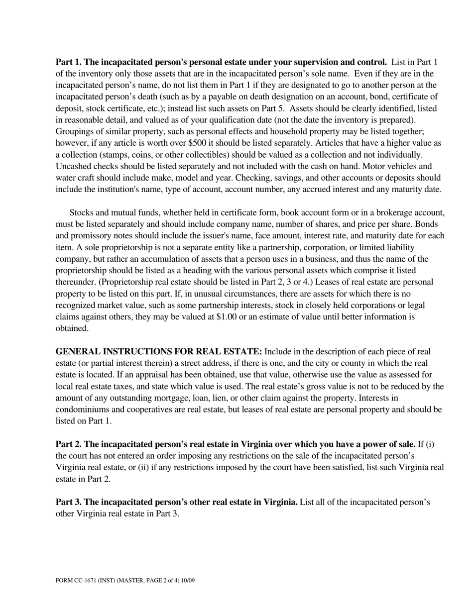 Instructions for Form CC-1671 Inventory for Estate of Incapacitated Adult - Virginia, Page 2