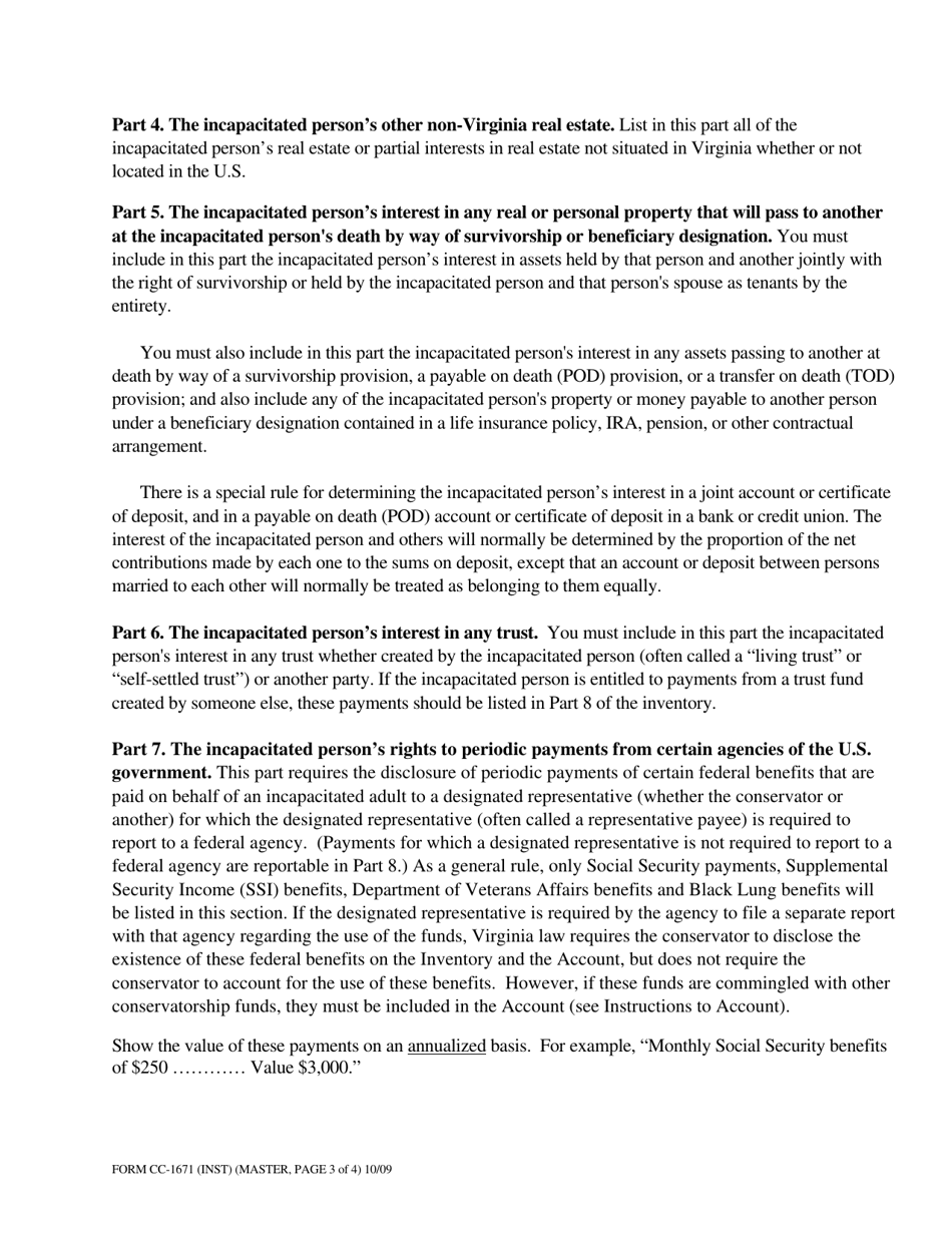 Instructions for Form CC-1671 Inventory for Estate of Incapacitated Adult - Virginia, Page 3
