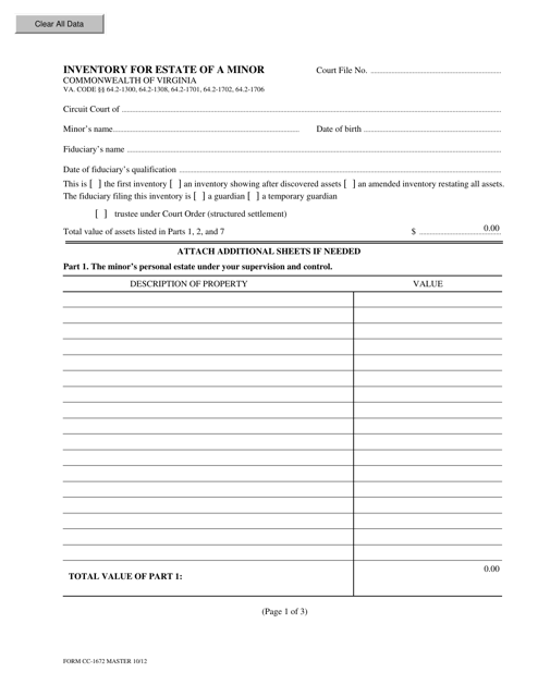Form CC-1672 Inventory for Estate of a Minor - Virginia