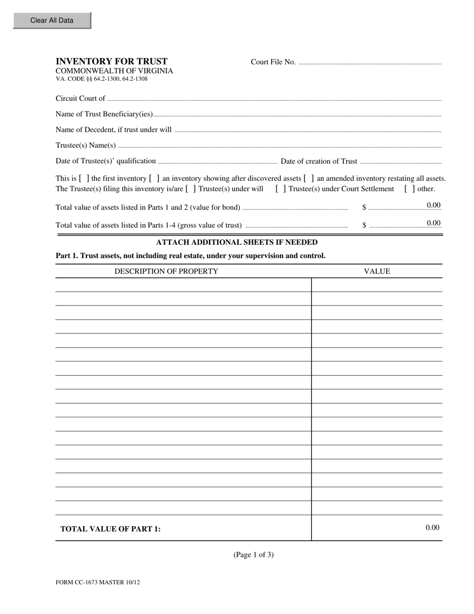 Form CC-1673 Inventory for Trust - Virginia, Page 1