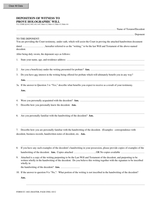 Form CC-1602 Deposition of Witness to Prove Holographic Will - Virginia
