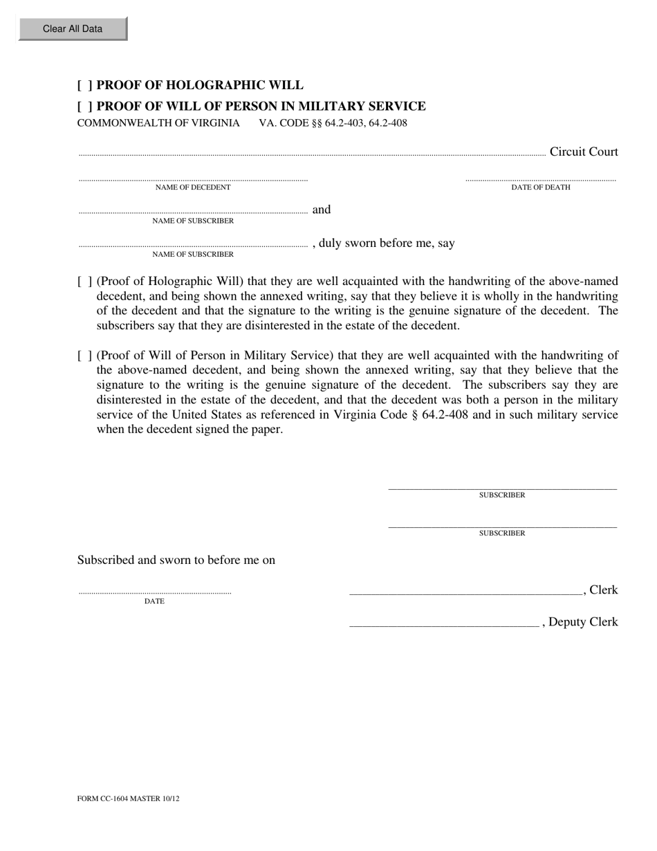 Form CC-1604 Proof of Holographic Will / Proof of Will of Person in Military Service - Virginia, Page 1