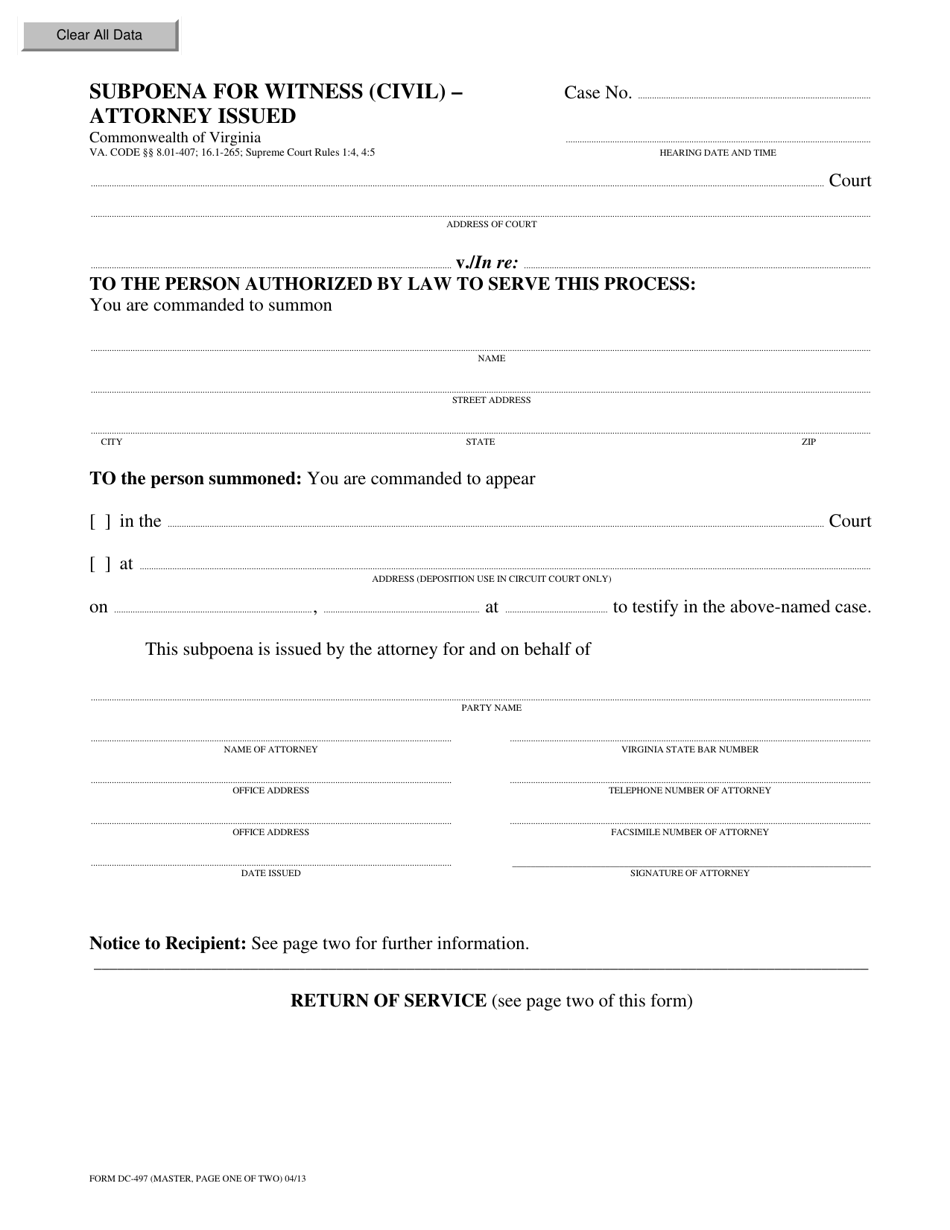 Form DC-497 Subpoena for Witness (Civil) - Attorney Issued - Virginia, Page 1