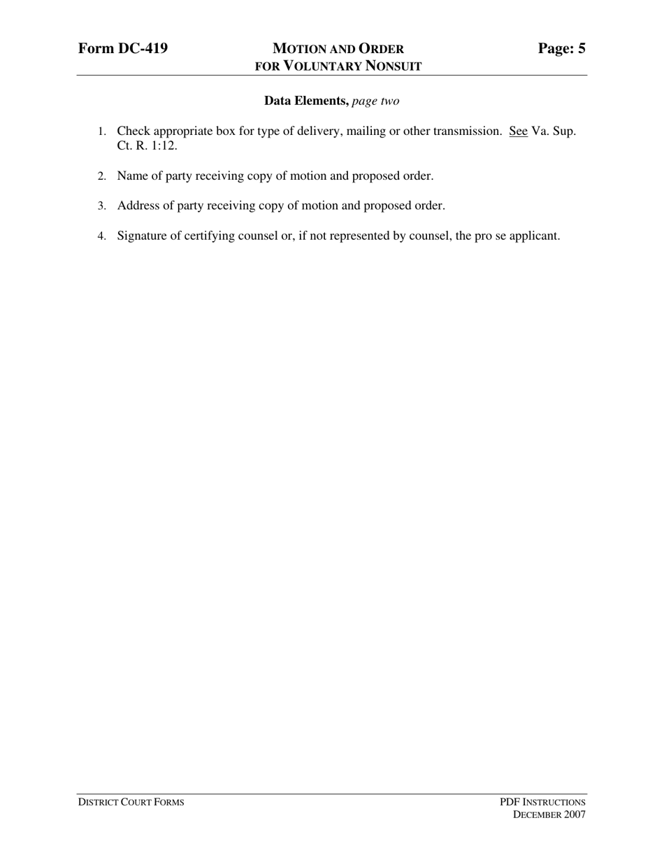 Instructions for Form DC-419 Motion and Order for Voluntary Nonsuit - Virginia, Page 5