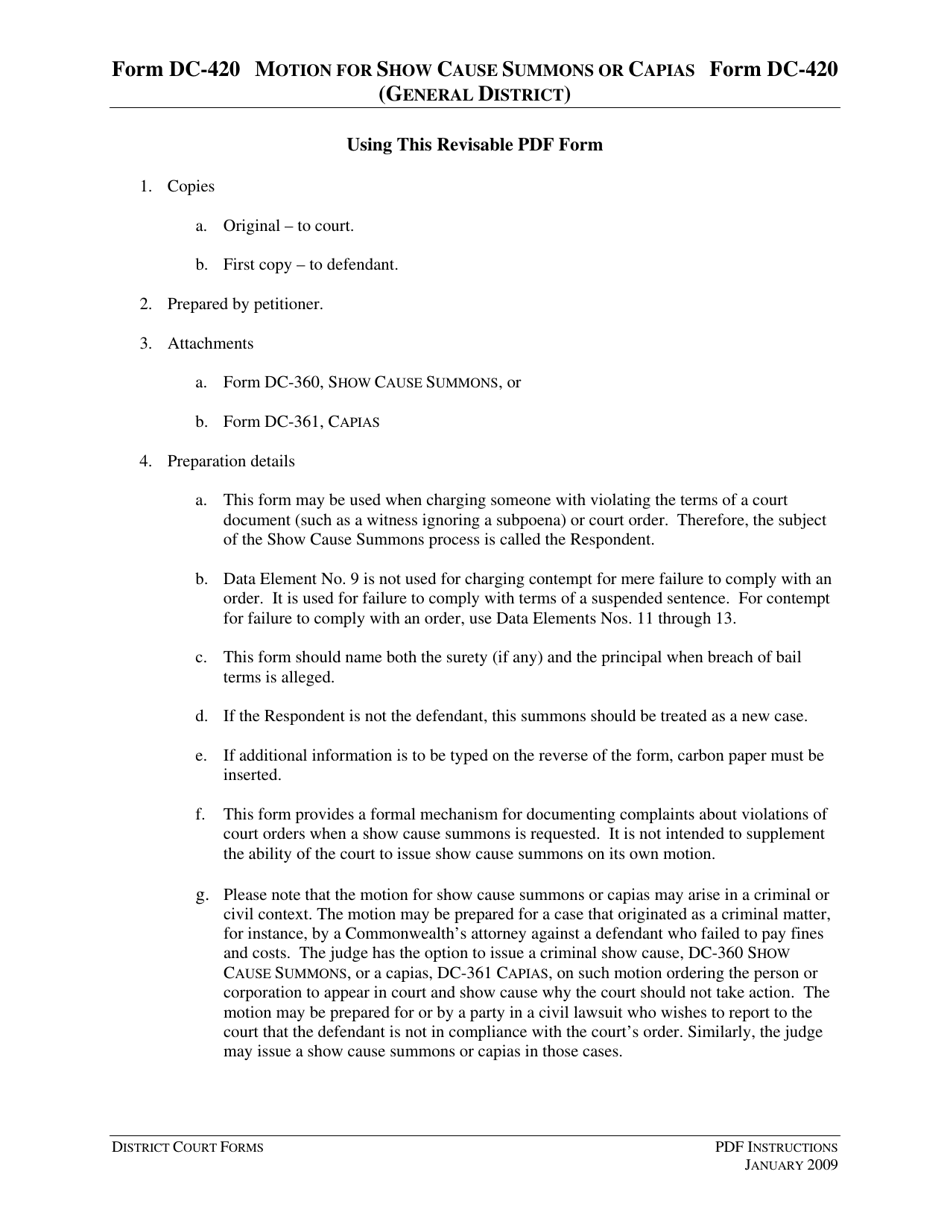 Download Instructions for Form DC-420 Motion for Show Cause Summons or ...