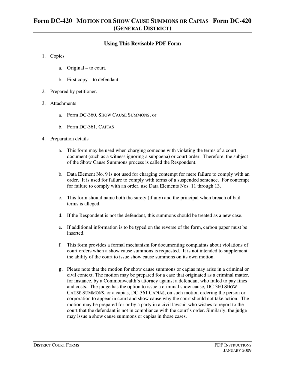 Instructions for Form DC-420 Motion for Show Cause Summons or Capias - Virginia, Page 1