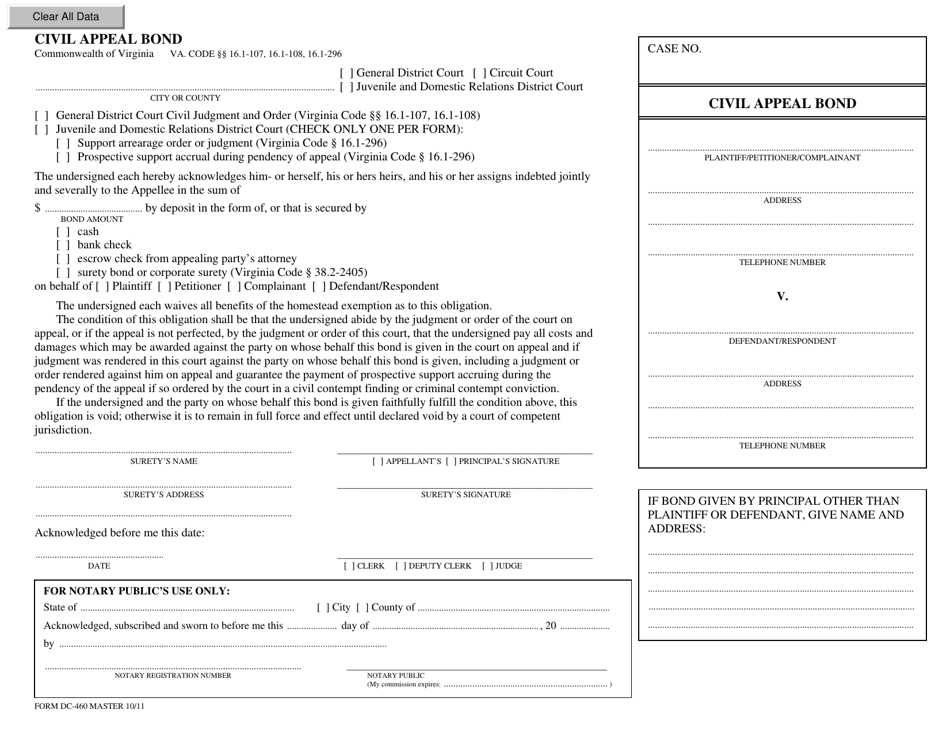 Form DC-460 Civil Appeal Bond - Virginia, Page 1