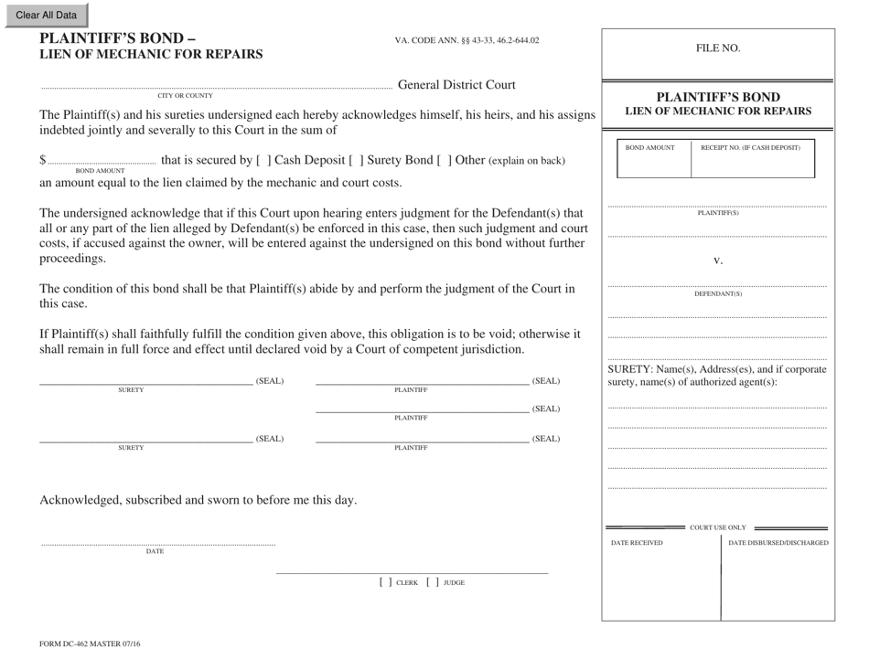 Form DC-462 Plaintiffs Bond - Lien of Mechanic for Repairs - Virginia, Page 1