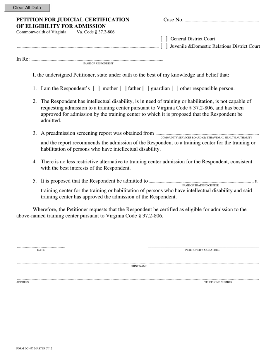 Form DC-477 Petition for Judicial Certification of Eligibility for Admission - Virginia, Page 1