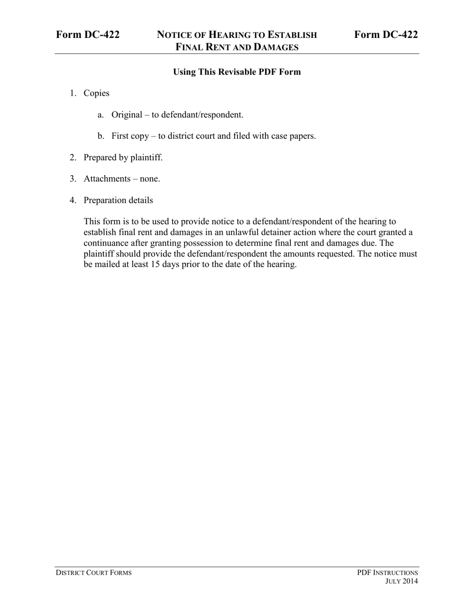 Instructions for Form DC-422 Notice of Hearing to Establish Final Rent and Damages - Virginia, Page 1