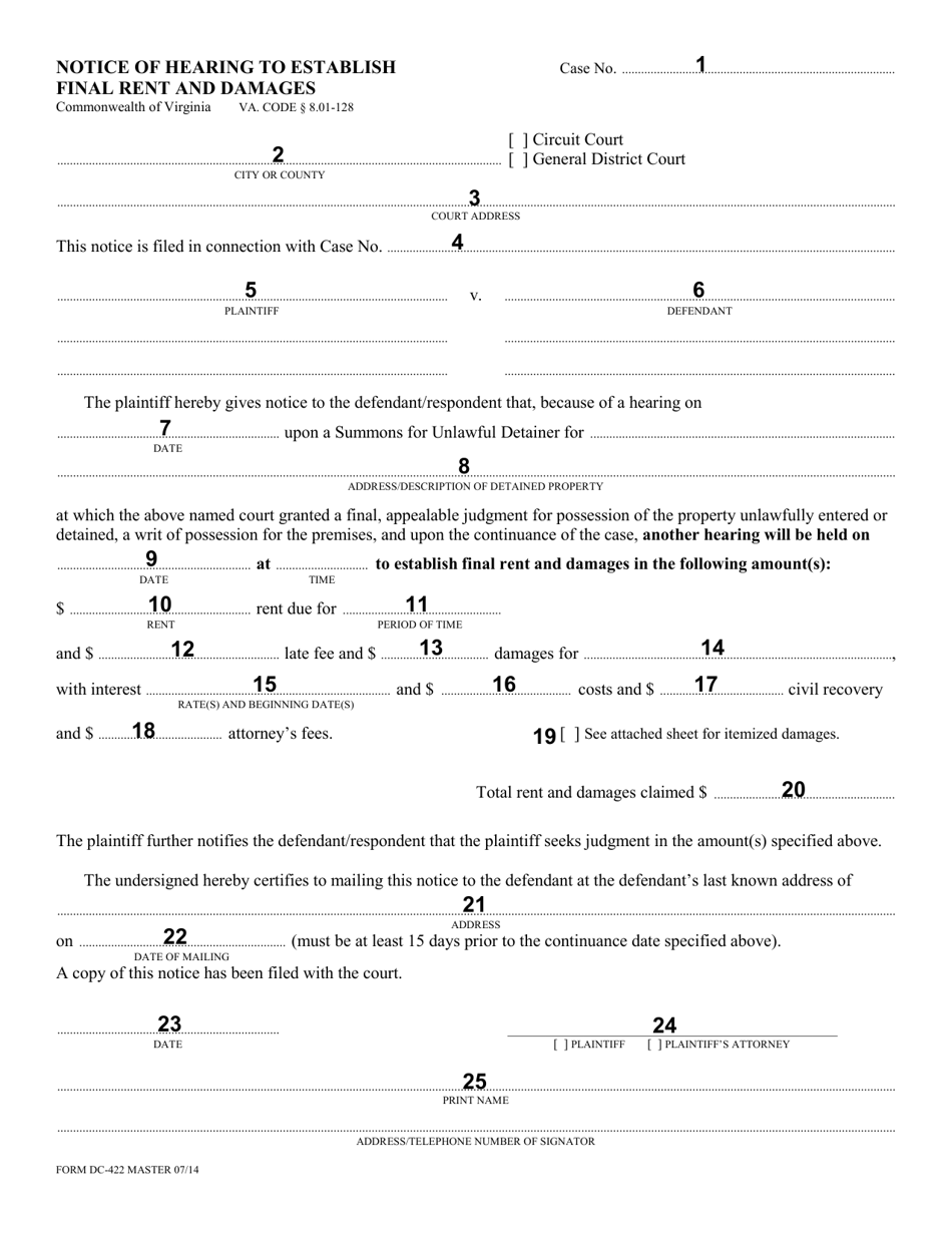 Instructions for Form DC-422 Notice of Hearing to Establish Final Rent and Damages - Virginia, Page 2