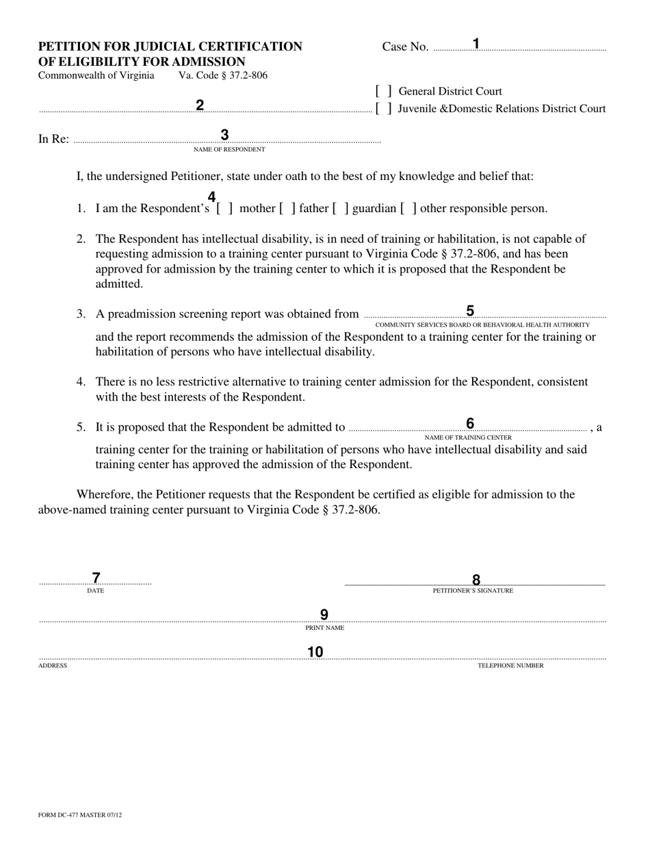 Instructions for Form DC-477 Petition for Judicial Certification of Eligibility for Admission - Virginia, Page 2